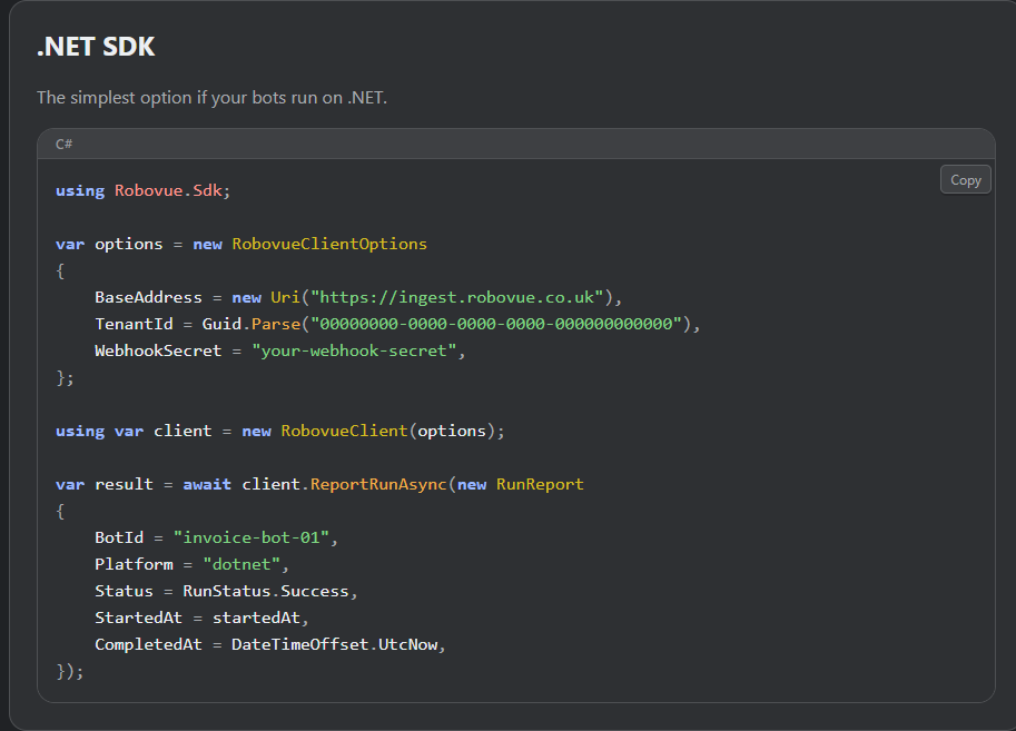 Robovue's .NET SDK code sample showing how to report a bot run with a few lines of C#