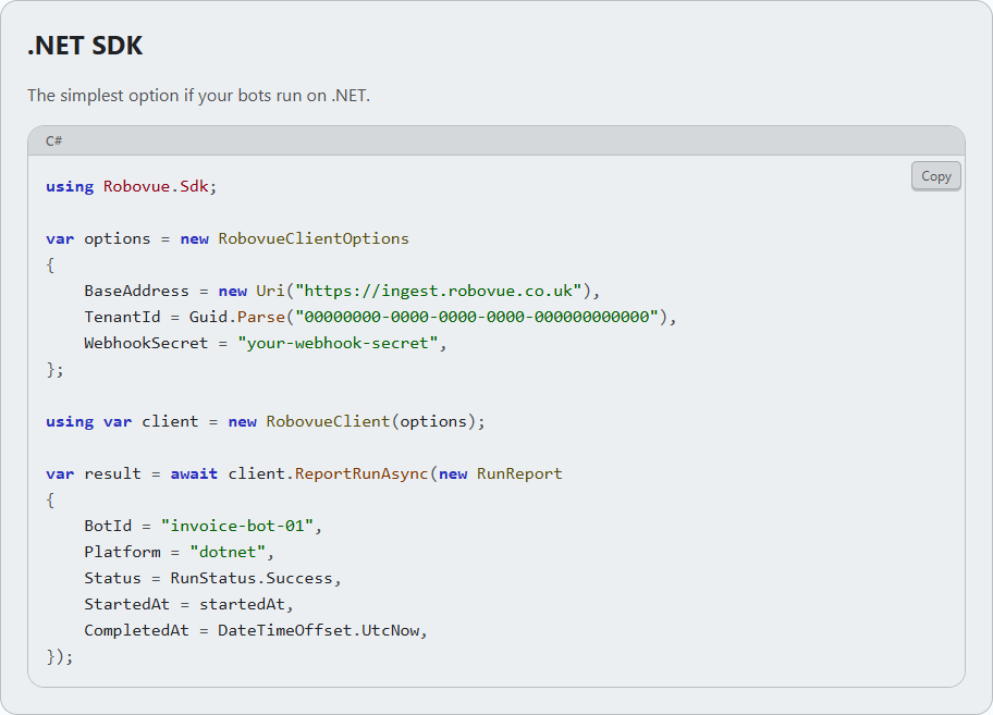 Robovue's .NET SDK code sample showing how to report a bot run with a few lines of C#